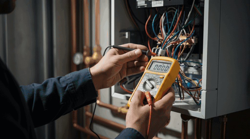 Technician servicing a gas furnace in a Toronto home