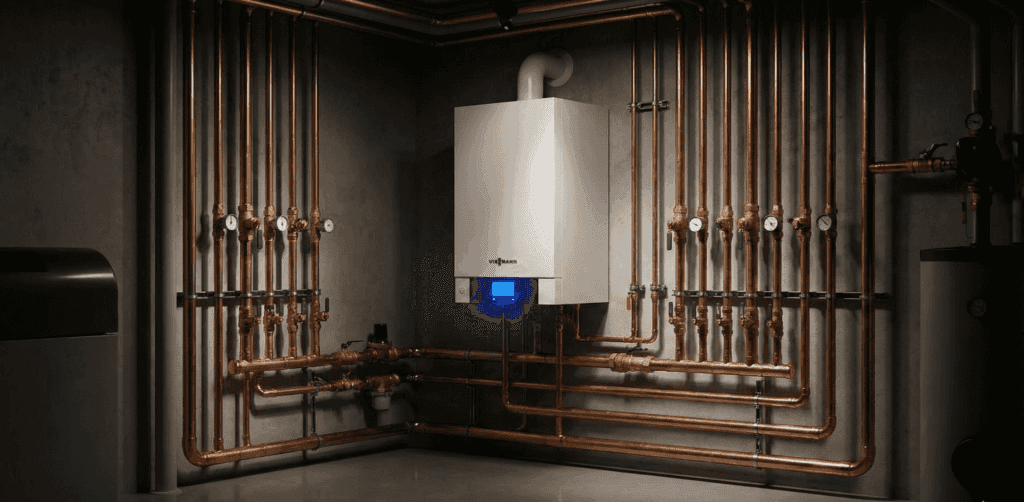 High-efficiency boiler installed in a residential basement