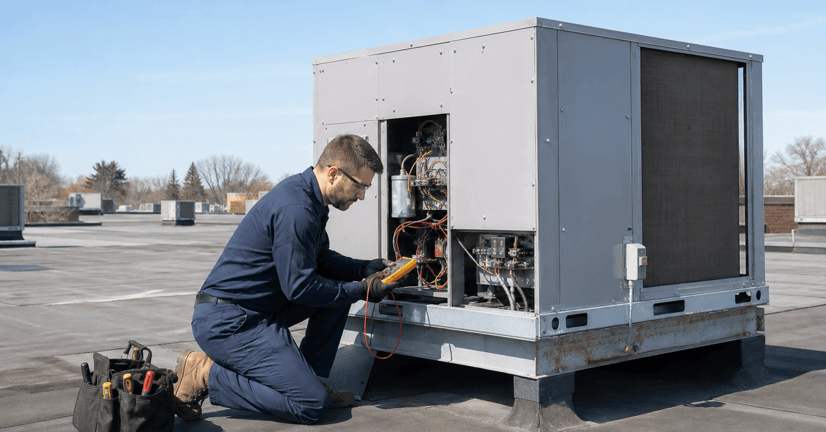 Technician diagnosing a commercial rooftop HVAC unit in Toronto