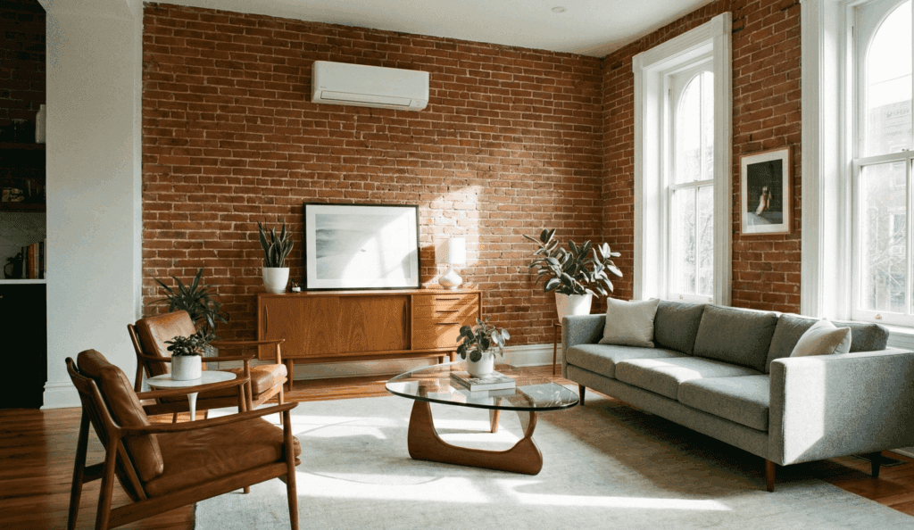 Wall-mounted ductless mini-split head installed in a Toronto living room
