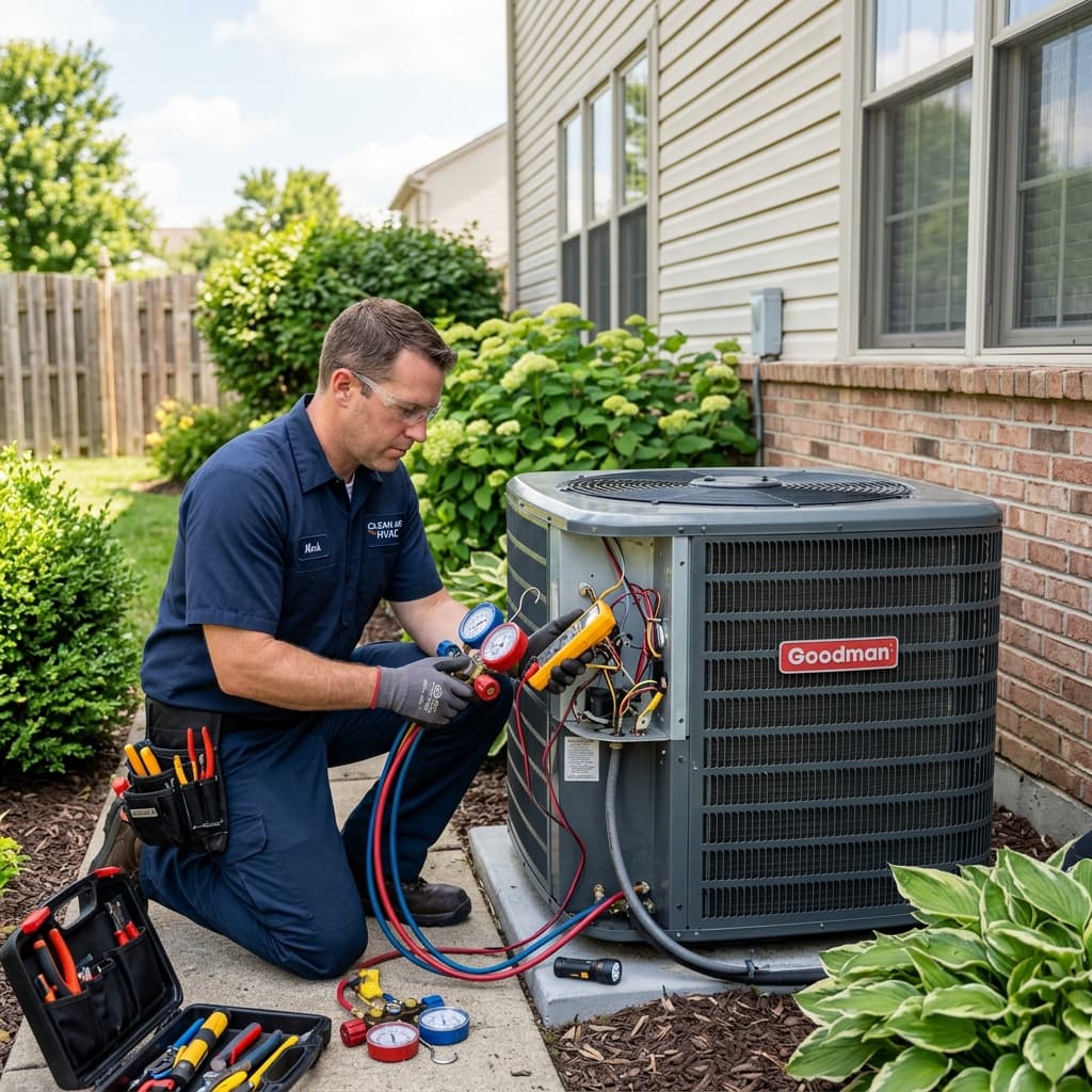 Technician inspecting residential HVAC equipment in Toronto