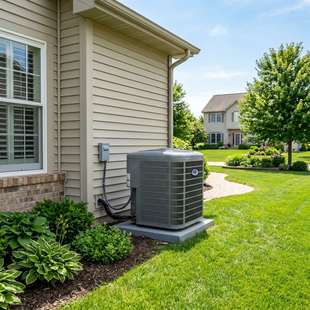 Central air conditioner condenser installed outside a Toronto home