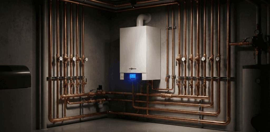 High-efficiency boiler installed in a residential basement